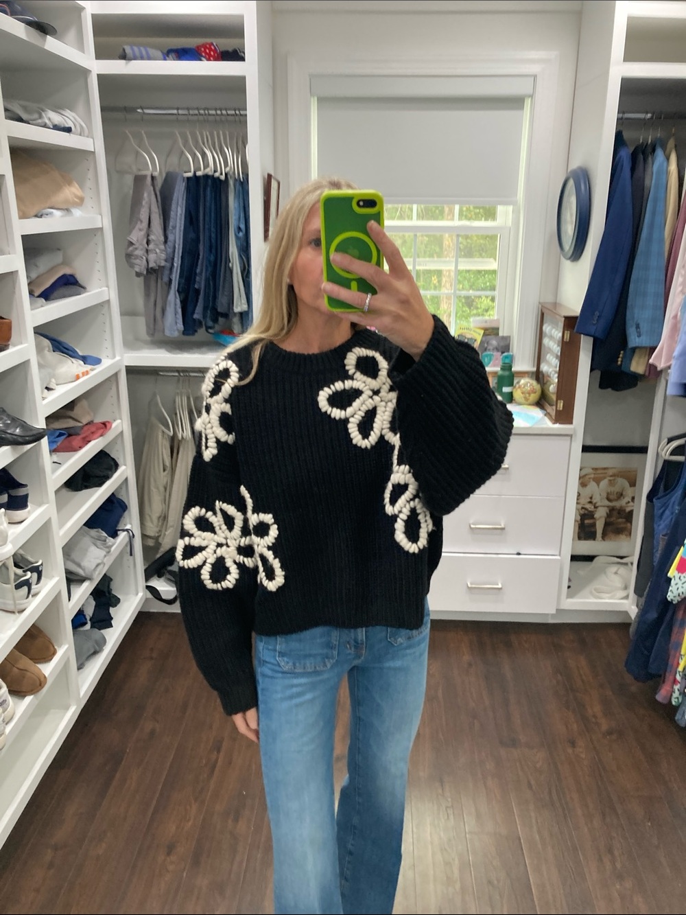Black Crewneck Sweater with Cream Floral Rope Appliqué